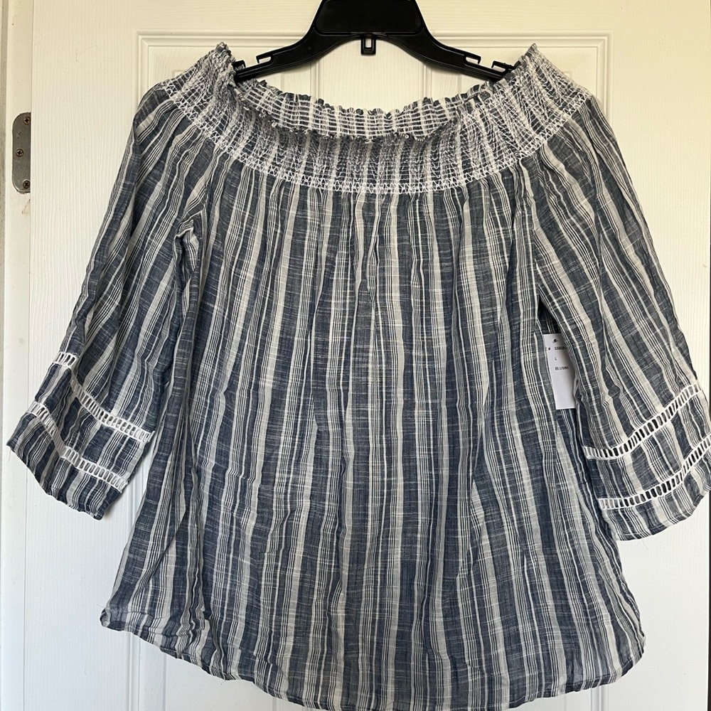 NWT Studio West Navy and White Striped 100% cotton linen Embroidered Blouse